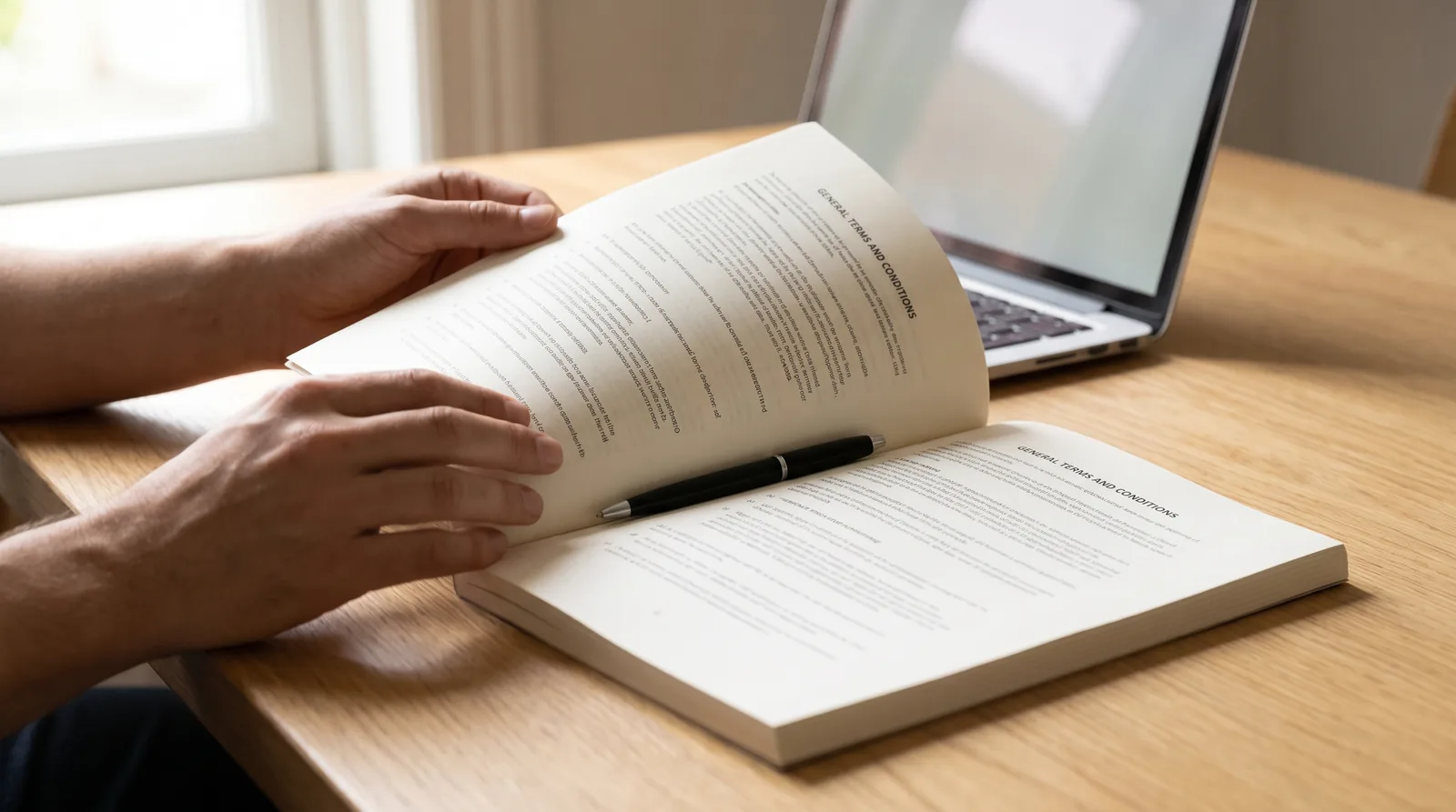 Ondernemer bladert door de pagina's van zijn algemene voorwaarden