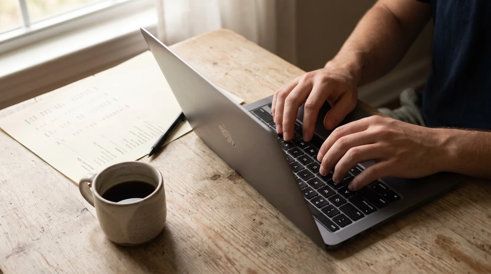 Ondernemer typt een opdrachtbevestiging op zijn laptop