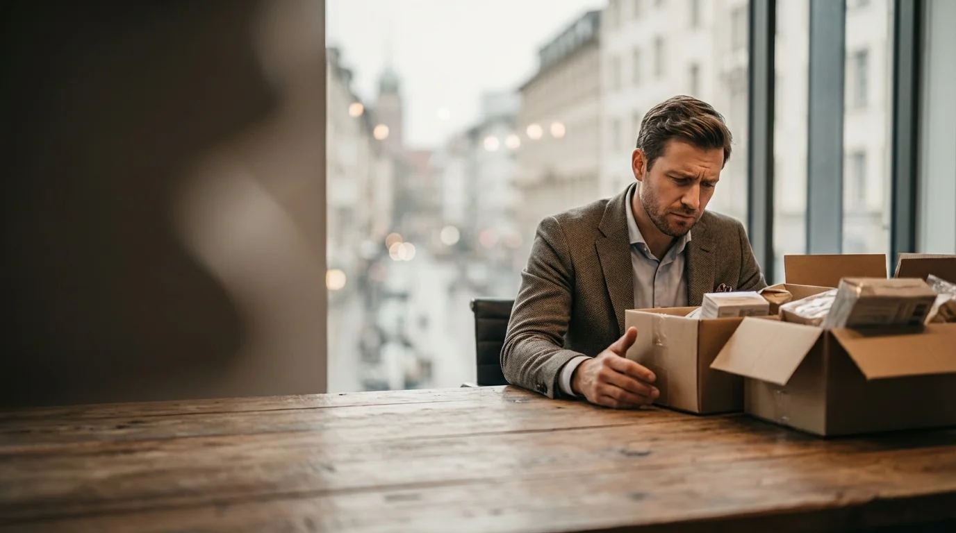 Ondernemer die teleurgesteld naar geleverde goederen kijkt - zakelijke klachtbrief